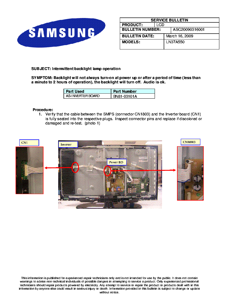 SAMSUNG ASC20090316001 LN37A550 BULLETIN service manual (1st page)