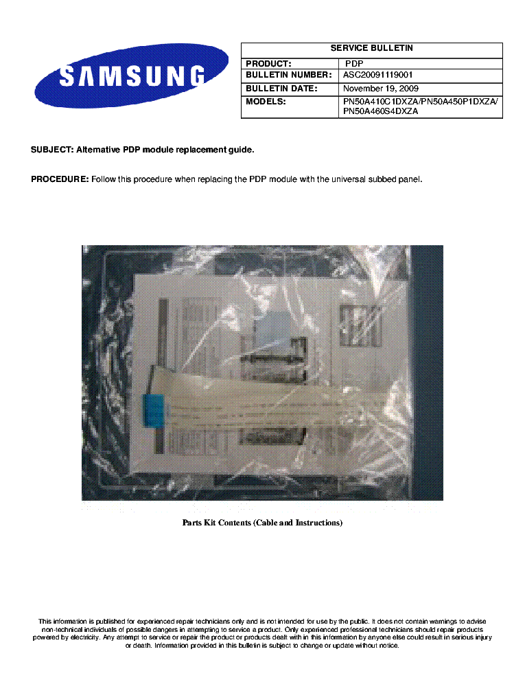 SAMSUNG ASC20091119001 PN50A410C1DXZA PN50A450P1DXZA PN50A460S4DXZA BULLETIN service manual (1st page)