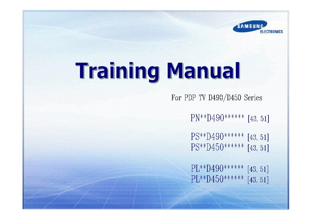 SAMSUNG D490 D450 PN43 PN51D450 PN51D490 PL43 PL51D450 PL43 PL51D490 PS43 PS51D450 PS43 PS51D490 3D TRAINING service manual (1st page)
