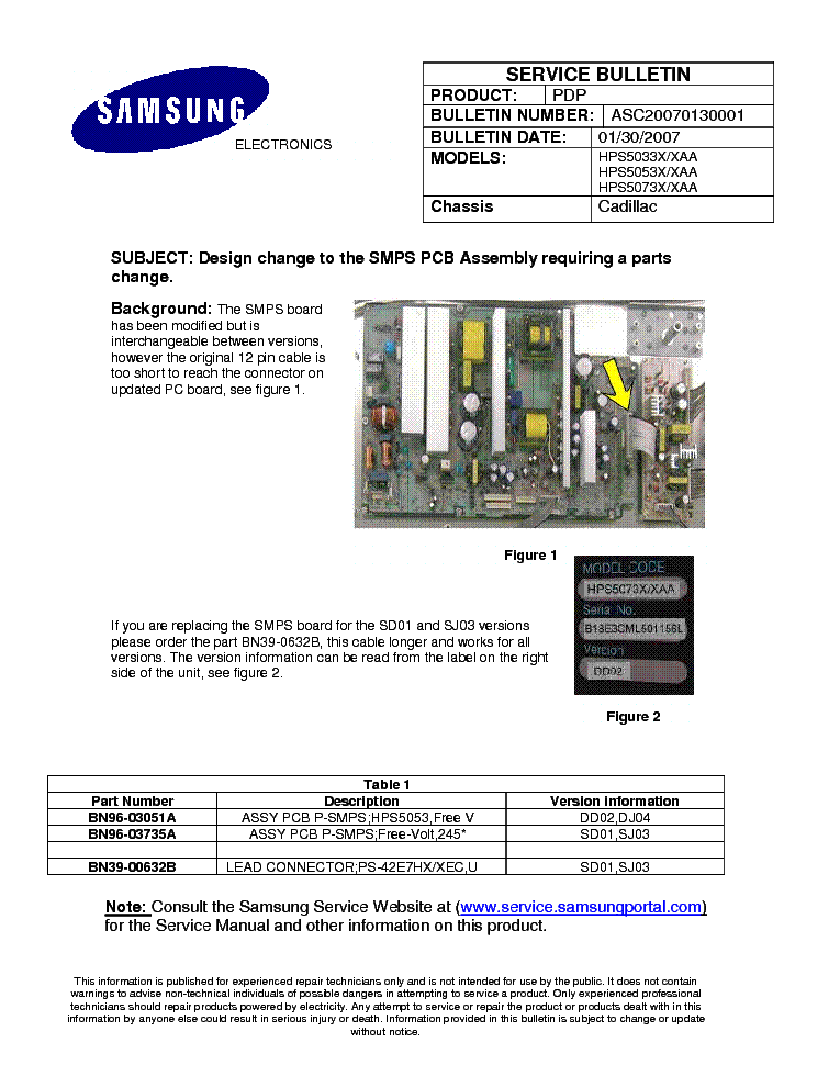 SAMSUNG HPS5033X HPS5053X HPS5073X CHASSIS CADILLAC ASC20070130001 BULLETIN service manual (1st page)