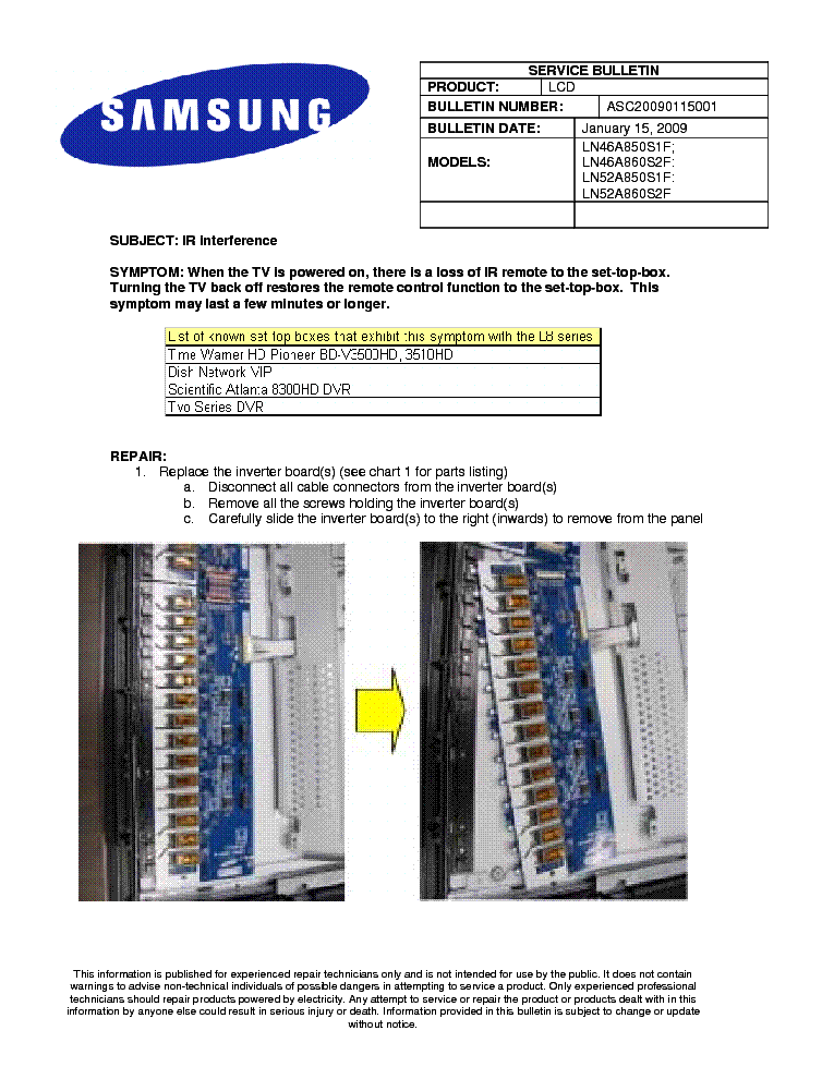 SAMSUNG LN46A850S1F LN46A860S2F LN52A850S1F LN52A860S2F ASC20090115001 BULLETIN service manual (1st page)