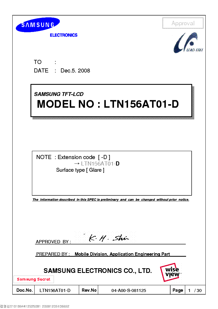 SAMSUNG LTN156AT01-D LCDPANEL DS service manual (1st page)