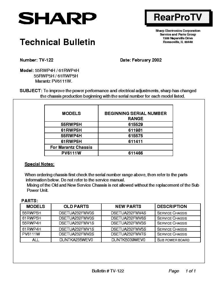 SHARP 55RWP4H 55RWP5H 61RWP4H 61RWP5H PV6111W TV-122 TECH BULLETIN service manual (1st page)