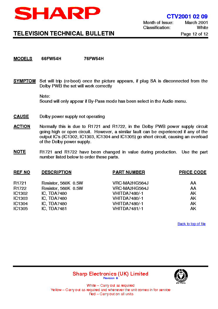 SHARP 66FW54H 76FW54H CHASSIS DA100 TECHNICAL-BULLETIN service manual (1st page)