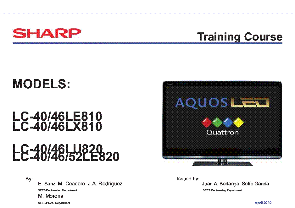 SHARP LC-40LE810 LC-46LE810 LC-40LX810 LC-46LX810 LC-40LU820 LC-46LU820 LC-40LE820 LC-46LE820 LC-52LE820 TRAINING COURSE ENGLISH service manual (1st page)
