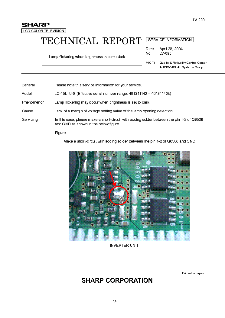 SHARP LC15L1U-S TECH REPORT LV-090 service manual (1st page)