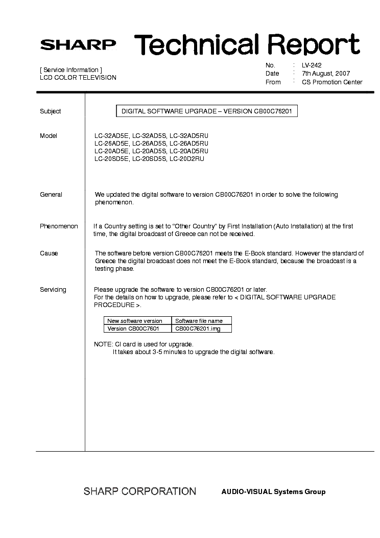 SHARP LC20-26-32XX TECH REPORT LV-242 service manual (1st page)