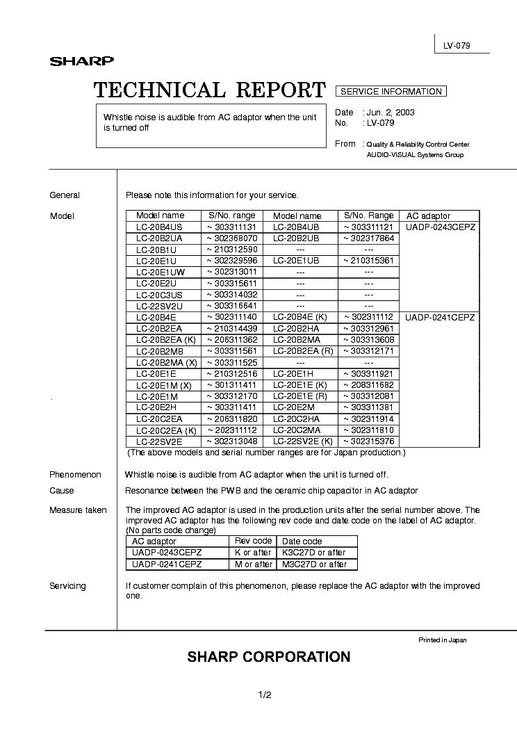 SHARP LC20-SERIES TECH REPORT LV-079 service manual (1st page)