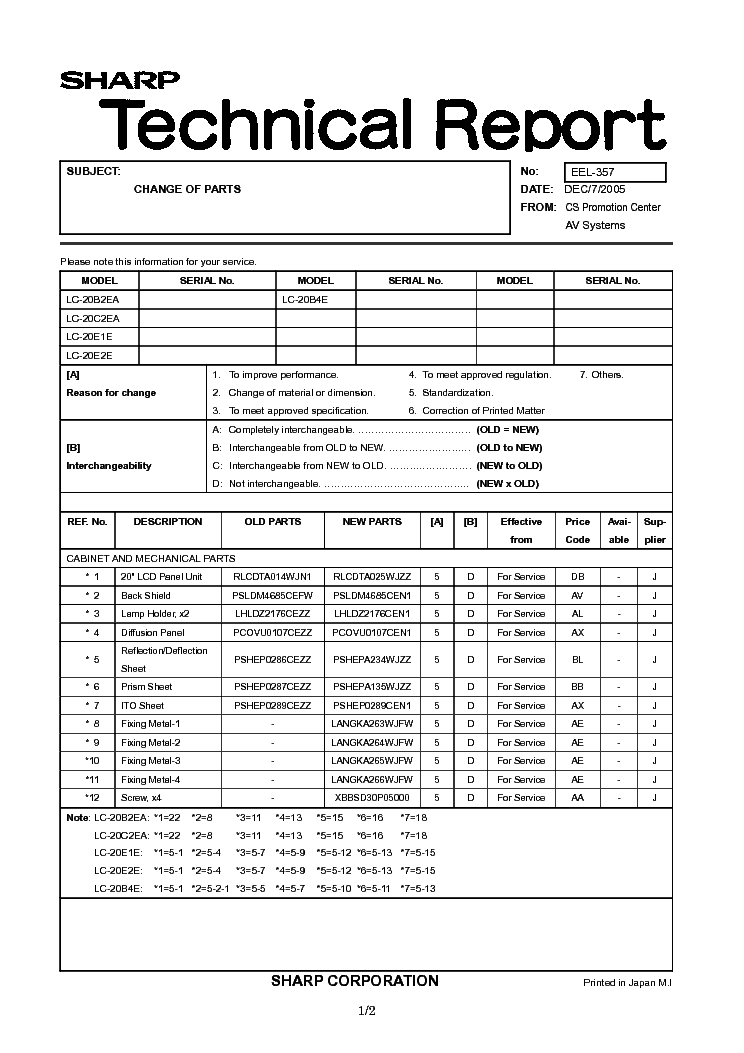 SHARP LC20B4E-B2EA-C2EA-E1E-E2E TECH REPORT EEL-357 service manual (1st page)