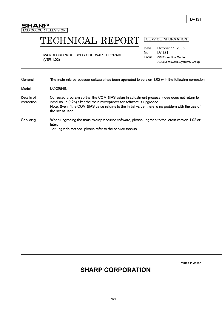 SHARP LC20S4E TECH REPORT LV-131 service manual (1st page)