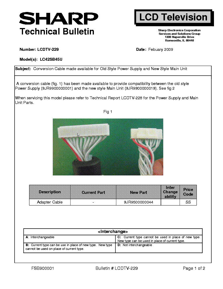 SHARP LCDTV-229 LC42SB45U TECH BULLETIN service manual (1st page)