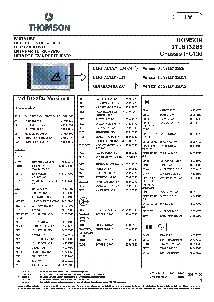 THOMSON 27LB132B5 CH.IFC130 PARTS service manual (1st page)