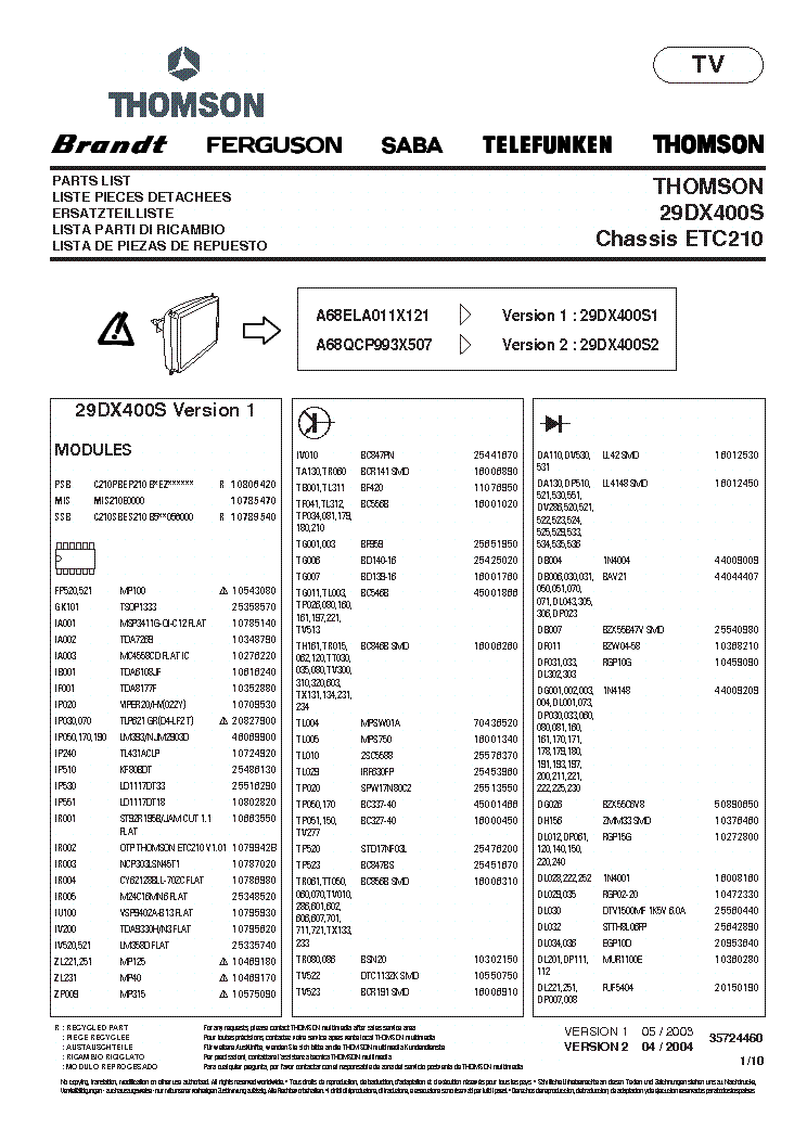 THOMSON 29DX400S ETC210 PARTS service manual (1st page)