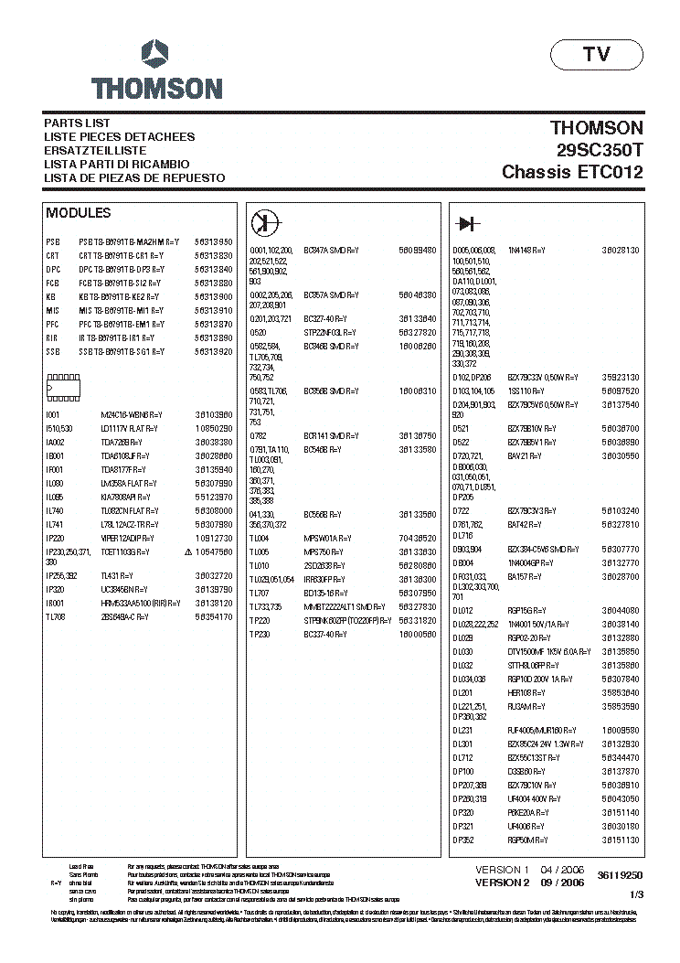 THOMSON 29SC350T ETC12 PARTLIST service manual (1st page)
