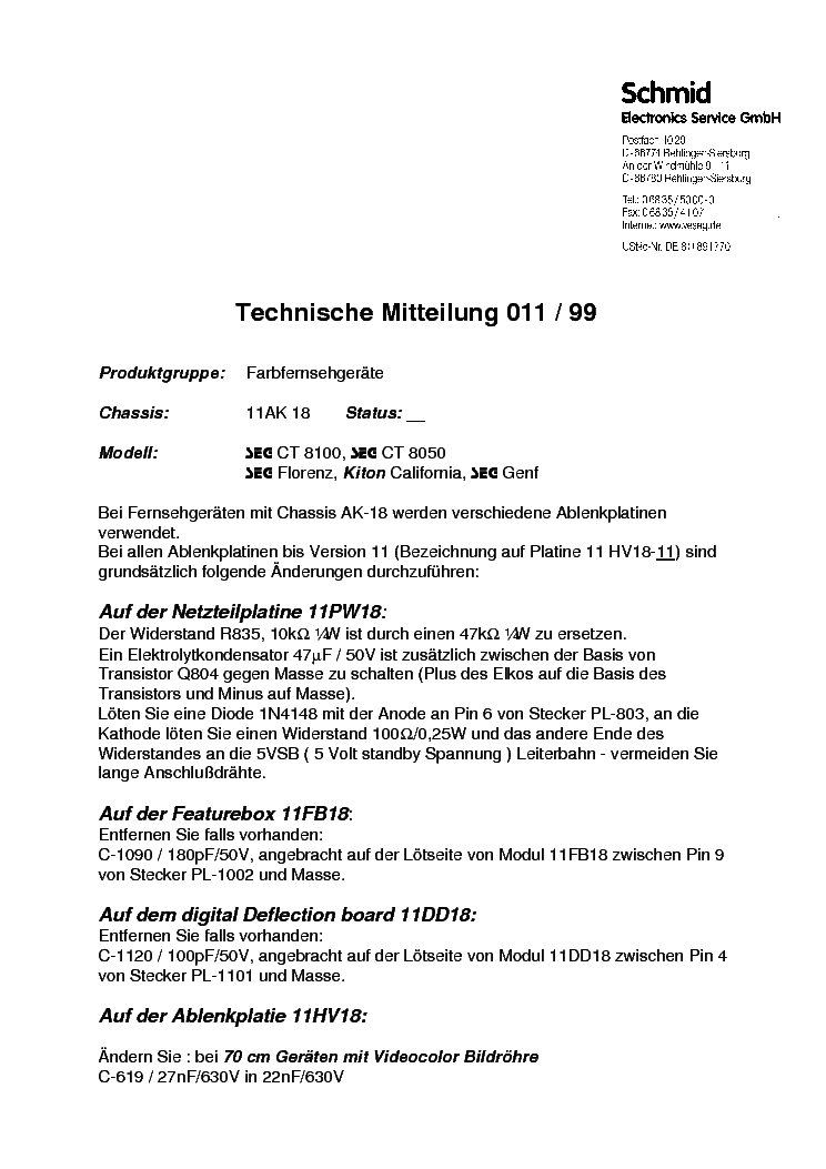 VESTEL 11AK18 TECHNISCHE MITTEILUNG 011-99 service manual (1st page)