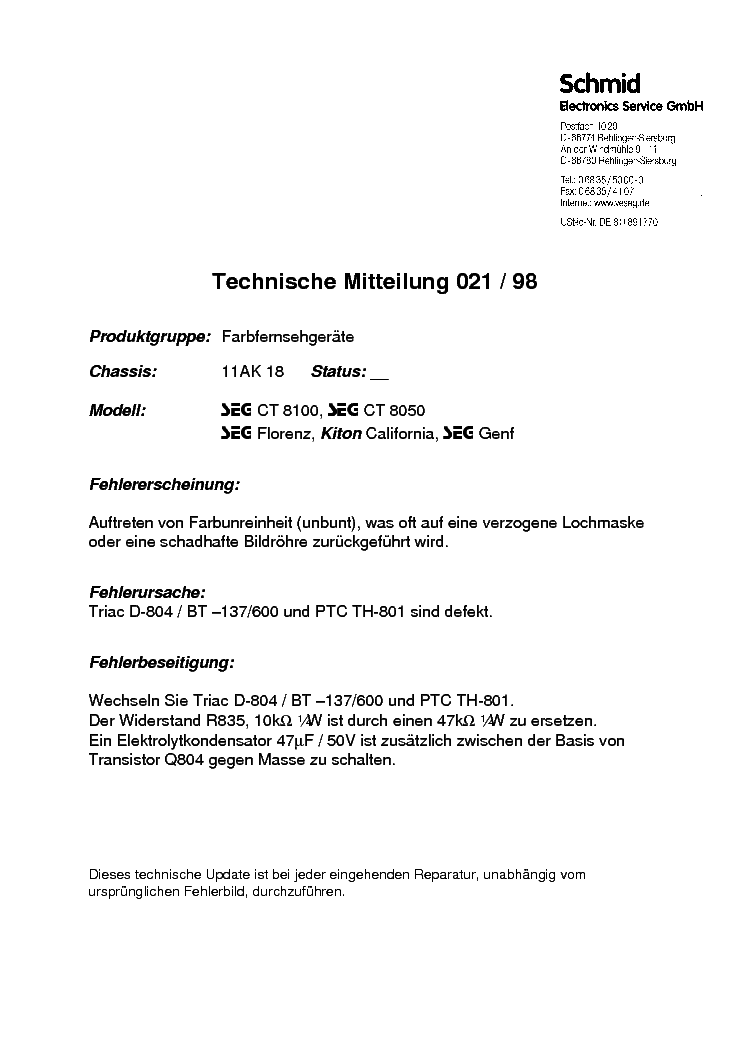VESTEL 11AK18 TECHNISCHE MITTEILUNG 021-98 service manual (1st page)