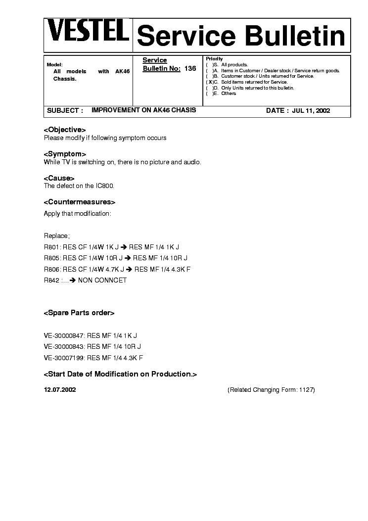 VESTEL CHASSIS 11AK46 SERVICE-BULLETIN service manual (1st page)