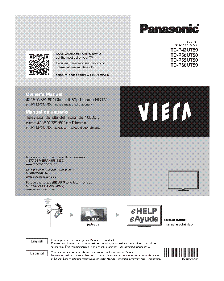PANASONIC TC-P42UT50 TC-P50UT50 TC-P55UT50 TC-P60UT50 VIERA PLASMA FLAT PANEL TELEVISION USER MANUAL service manual (1st page)