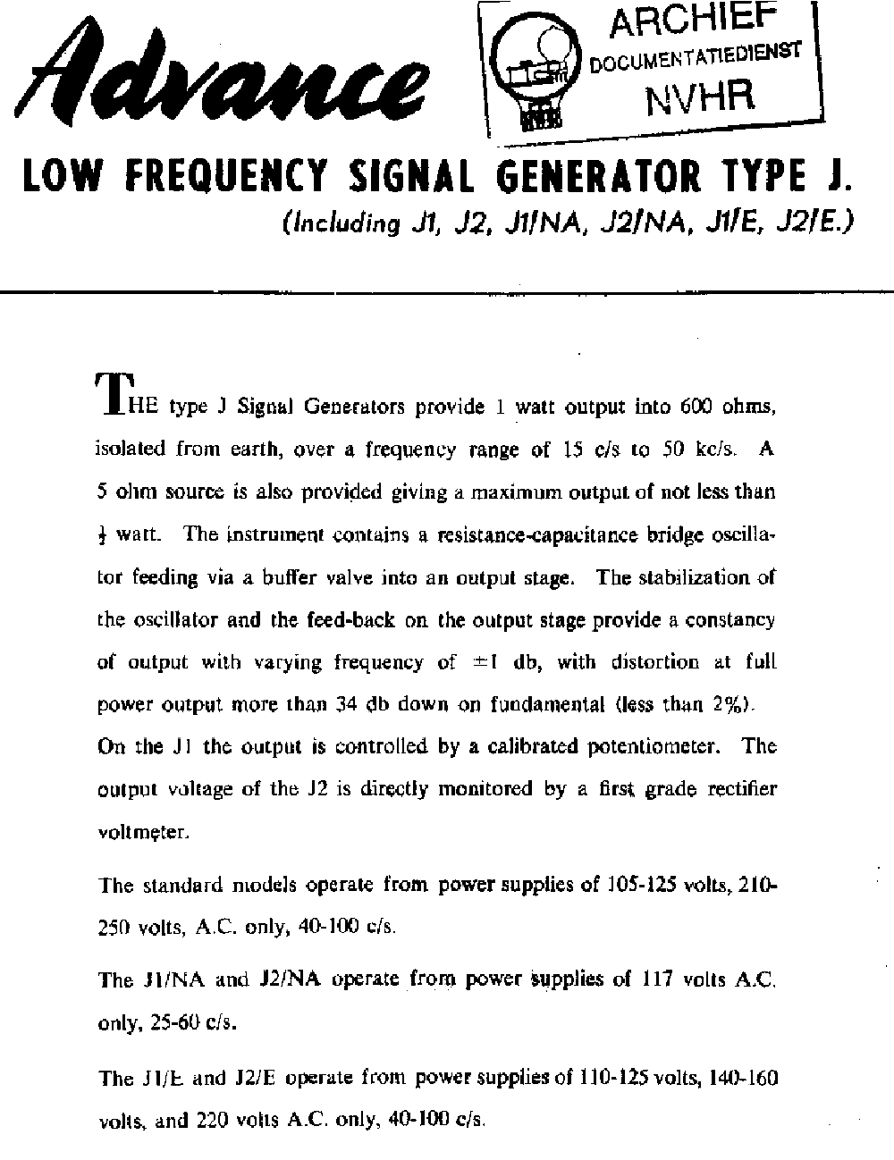 ADVANCE J1 J2 J1NA J2NA J1E J2E 15HZ-50KHZ GENERATOR 1956 SM service manual