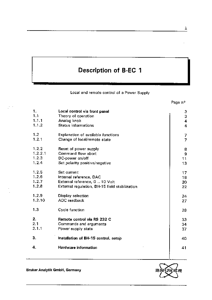 BRUKER B-EC1 LOCAL AND REMOTE PSU CONTROLLER 1998 SM Service Manual ...