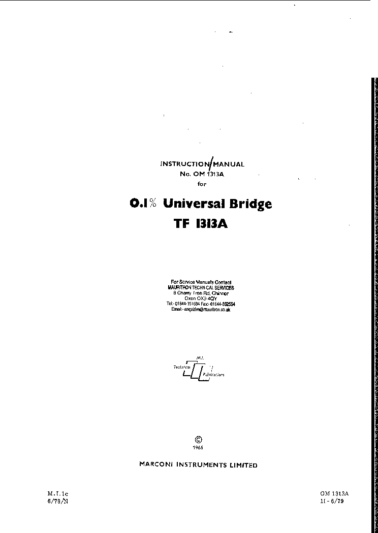 MARCONI TF1313A 0,1-PROCENT UNIVERSAL BRIDGE 1979 SM service manual (1st page)