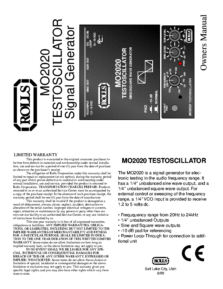 ROLLS MO2020 TESTOSCILLATOR SIGNAL GENERATOR USER SCH Service Manual