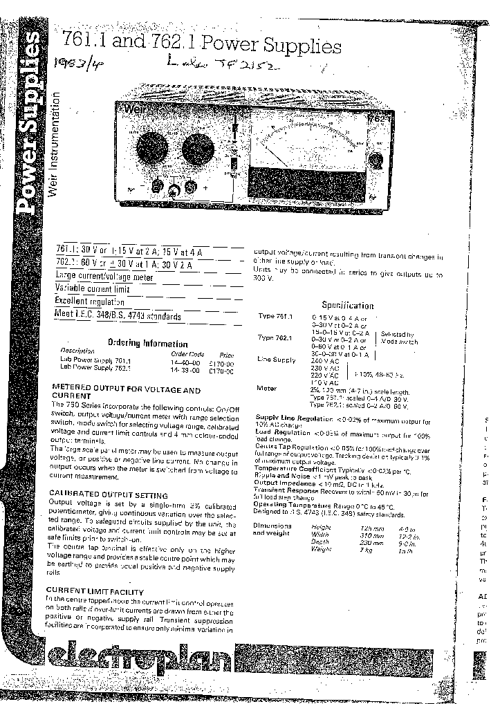 WEIR MAXIREG 761.1 762.1 DUAL15V,4A AND DUAL 30V,2A PSUS 1983 SM service manual (1st page)