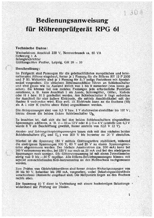 FUNKE RPG61 TUBE-TESTER BEDIENUNGSANWEISUNG 1961 SM service manual