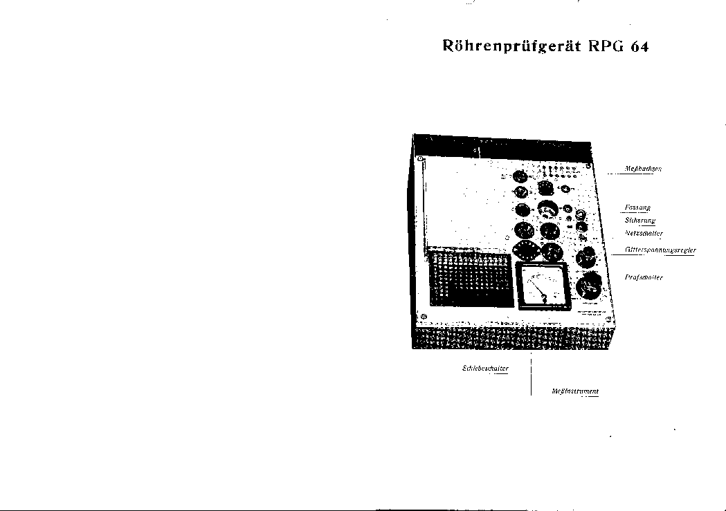 FUNKE RPG64 TUBE-TESTER INSTR AND TUBE-CAHRT BEDIENUNGSANWEISUNG 1964 SM service manual
