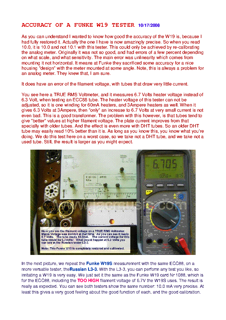 FUNKE W19 ACCURACY OF A TUBE TESTER 2008 SM service manual