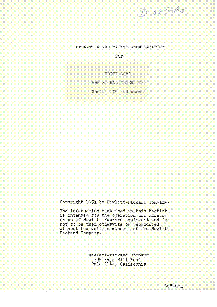 HEWLETTPACKARD 608C 10-480MHZ VHF SIGNAL GENERATOR SN174-AND-ABOVE 195 SM service manual