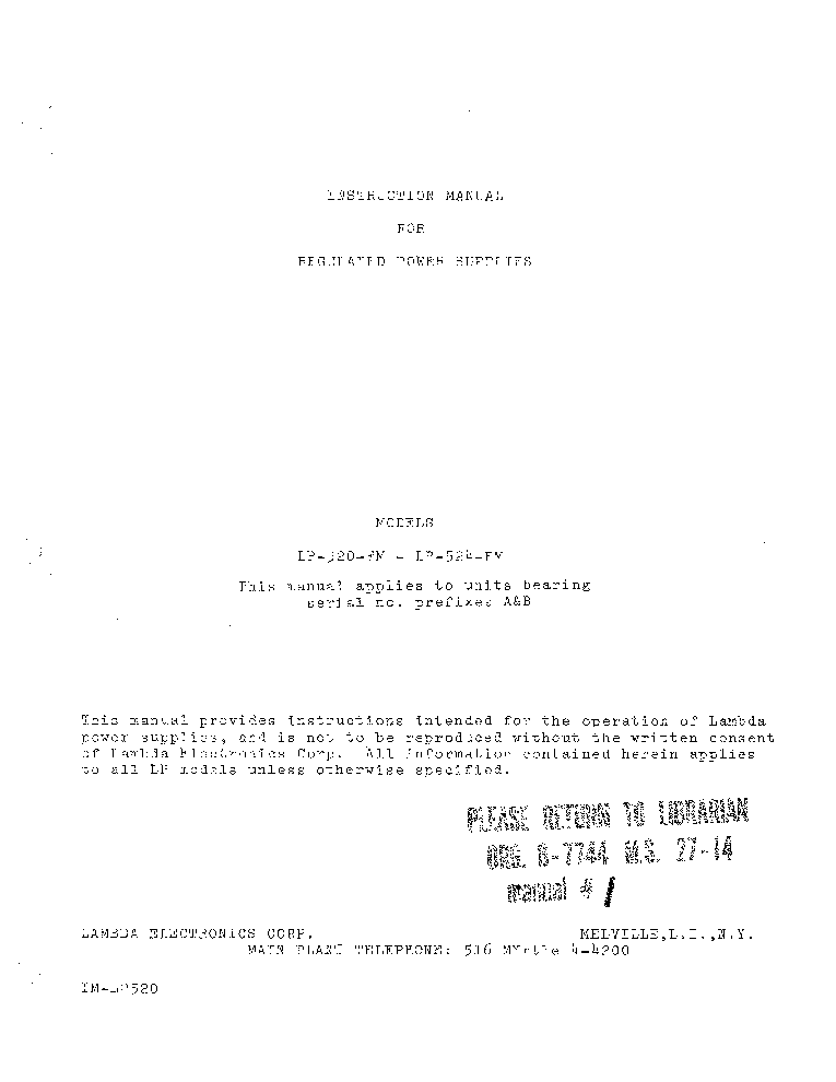 LAMBDA-ELECTRONICS LP-520-FM--LP-524-FM REGULATED POWER SUPPLY OP SM service manual
