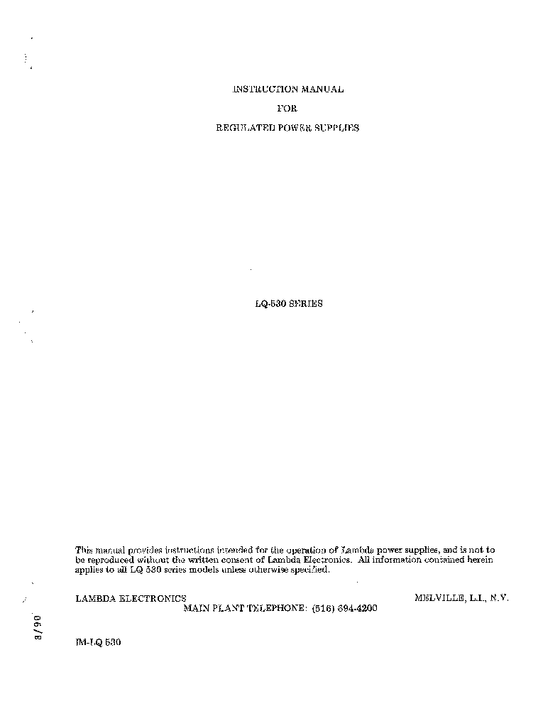 LAMBDA-ELECTRONICS LQ-530--534-SERIES 0-10--120V,14--1,7A REGULATED POWER SUPPLY 1990 SM service manual