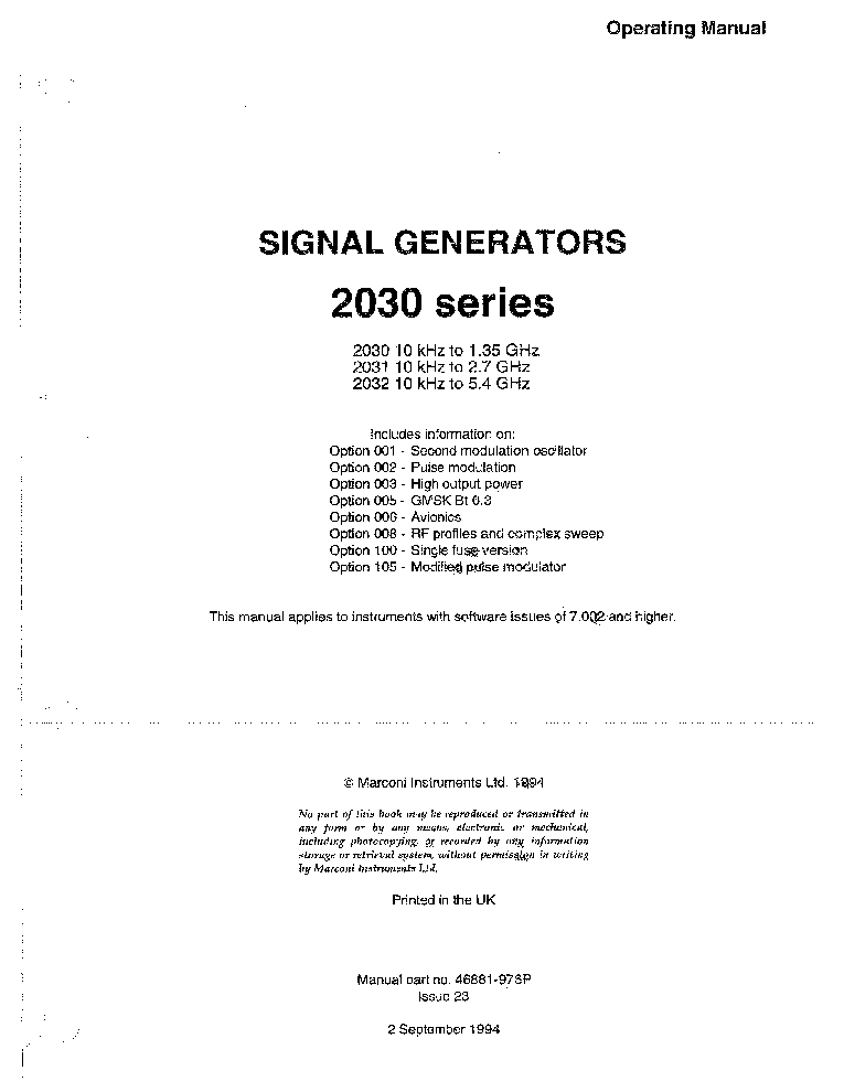 MARCONI 2030-SERIES SIGNAL GENERATOR 10K-1.3GHZ 1994 USR SM service manual (1st page)