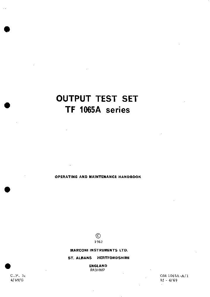 MARCONI TF-1065A 1-500MHZ TX-RX OUTPUT TEST SET TM-5280 ATTENUATOR 1969 SM service manual (1st page)