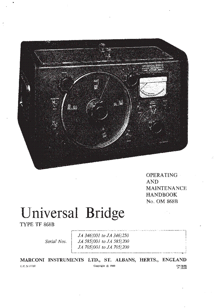 MARCONI TF-868-B UNIVERSAL RLC BRIDGE 1960 SM-OCR service manual (1st page)