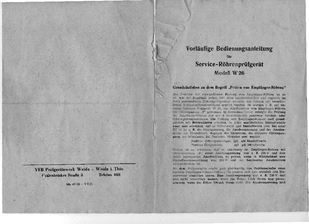 VEB PRUFGERATEWERK WEIDA DDR RPG W26 TUBE TESTER DEU SM service manual