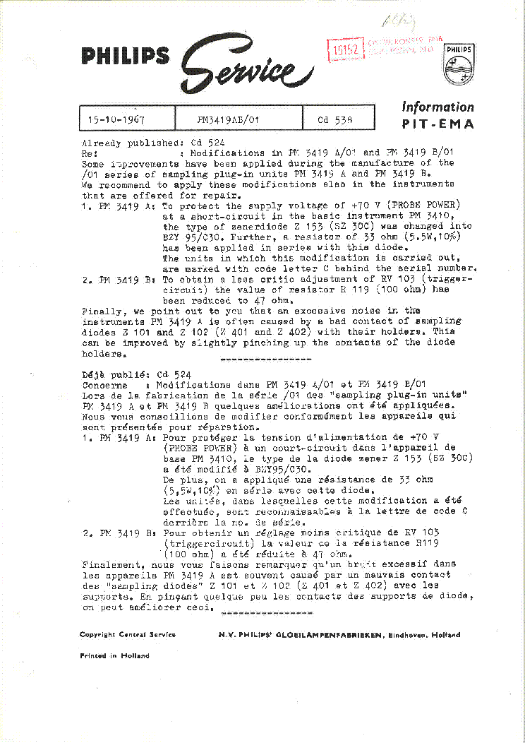 PHILIPS PM3419A-01 PM3419B-01 SAMPLING-UNIT FOR PM3410 SERVICE-INFO 1968 SM service manual