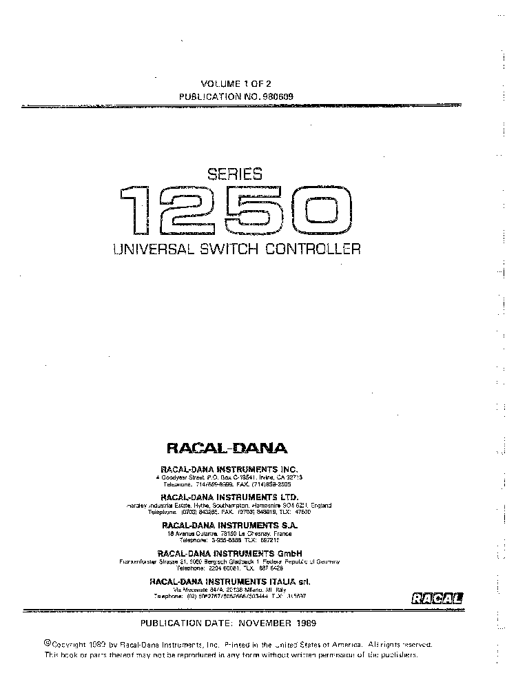 RACAL 1250 24-CHANNEL RELAY-DRIVER UNIVERSAL SWITCH CONTROLER INSTR. PART1-2 1989 SM service manual (1st page)