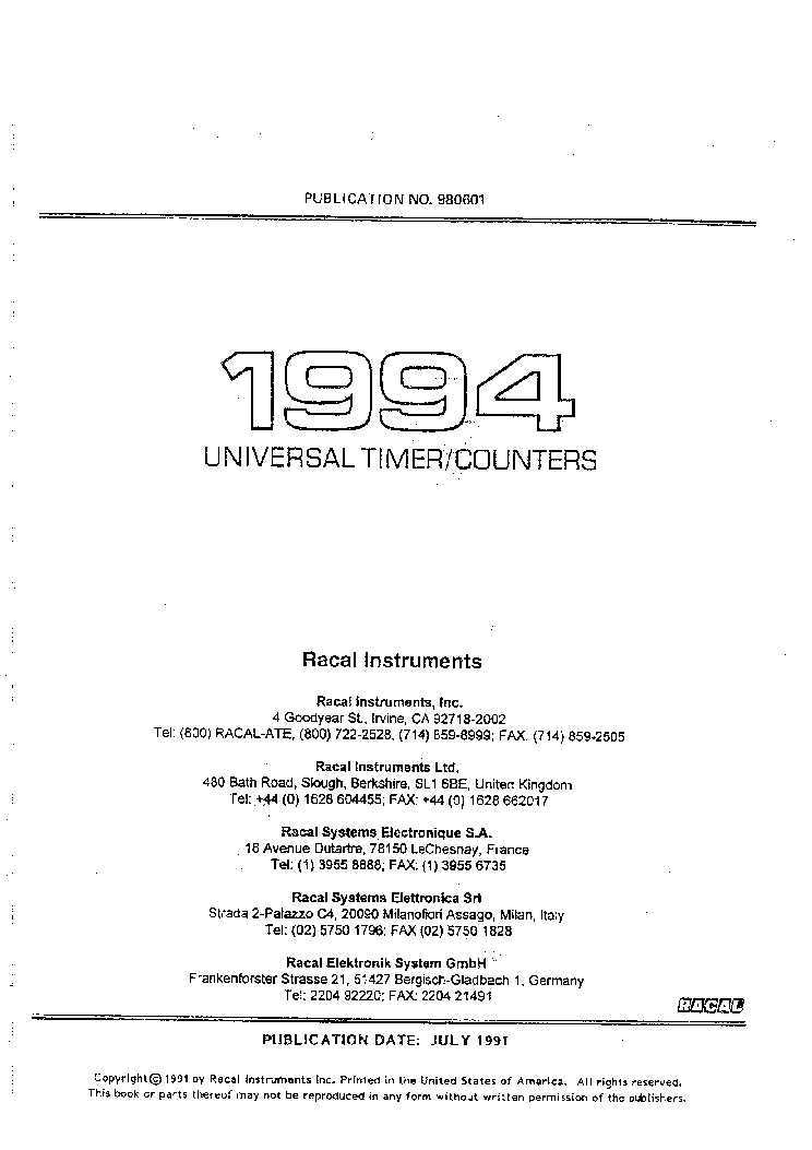 RACAL 1994 200MHZ,1.3GHZ UNIVERSAL TIMER COUNTER OP 1991 SM service manual (1st page)