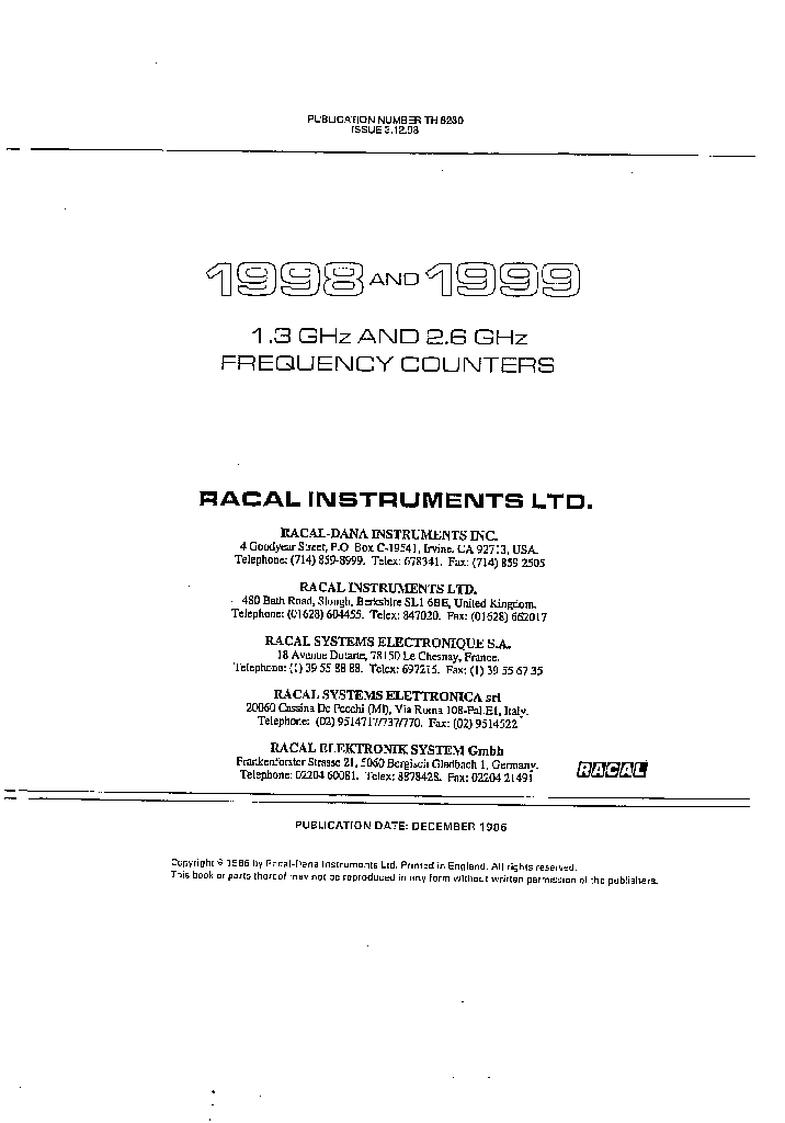 RACAL INSTRUMENTS 1998 1999 1.3 AND 2.6GHZ FREQUENCY COUNTER 1986 OP. SM service manual (2nd page)