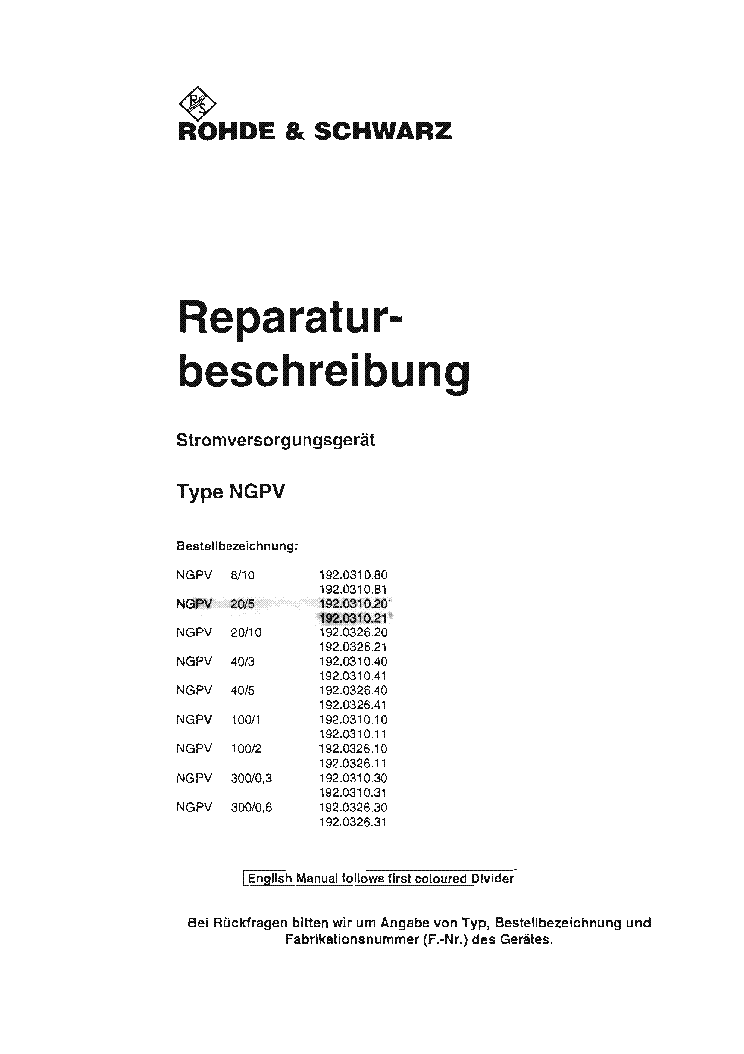 ROHDE-SCHWARZ NGPV 8-10 20-5 20-10 40-3 40-5 100-1 100-2 300-0,3 300-0,6 POWER SUPPLY SERVICE MANUAL service manual (1st page)