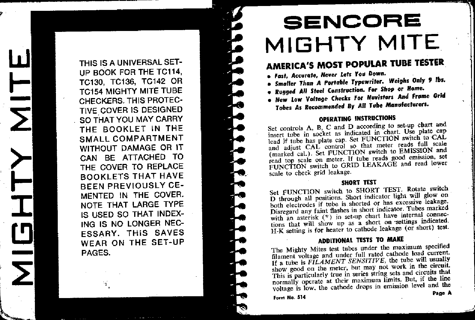 Sencore TC-130 TC130 Mighty Mite Tube Tester Manual 