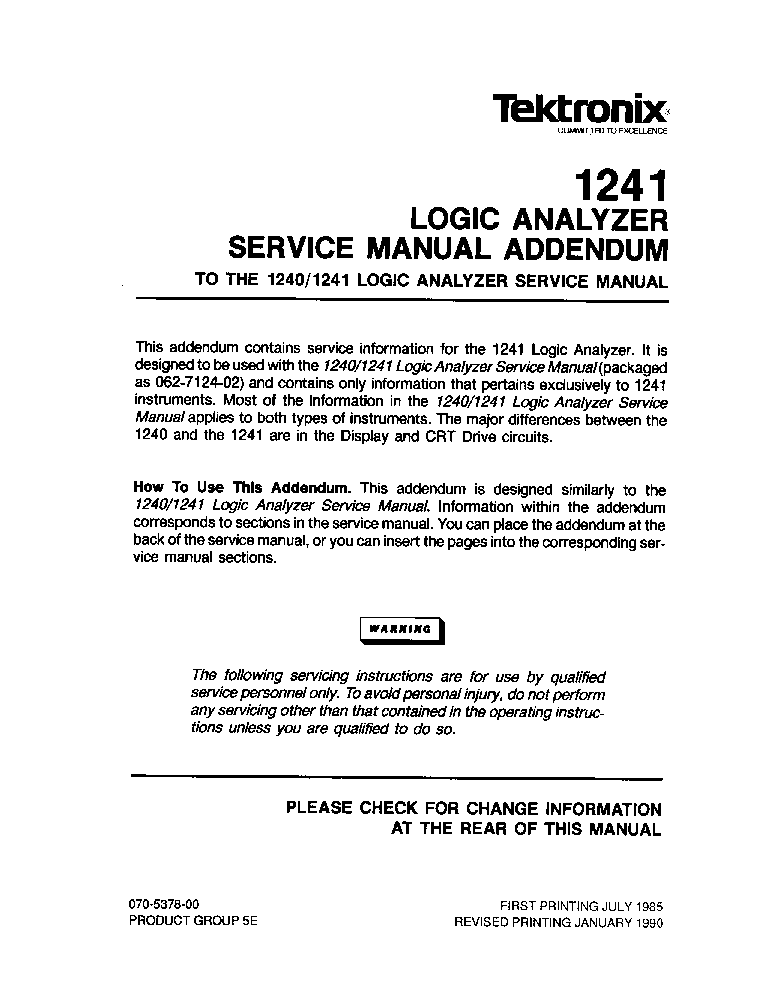 TEKTRONIX 1241 LOGIC-ANALISER SM ADDENDUM service manual (1st page)