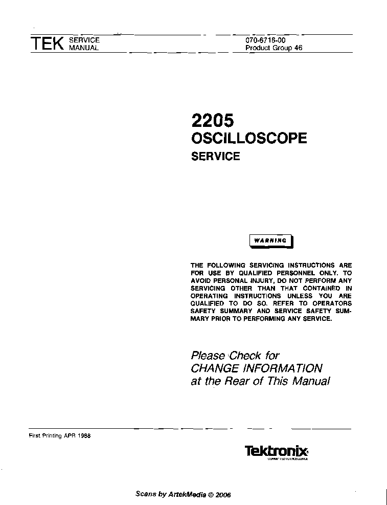 TEKTRONIX 2205 OSCILLOSCOPE service manual (1st page)