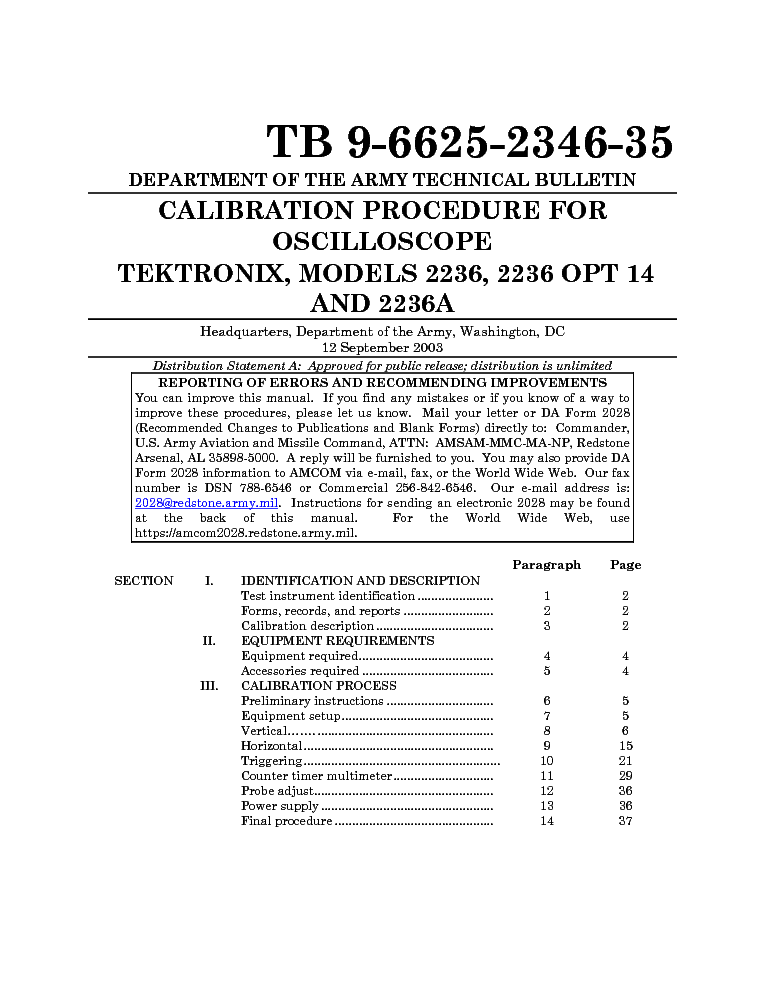TEKTRONIX 2236 A OPT14 100MHZ OSCILLOSCOPE USARMY CALIBRATION PROCEDURE 2003 SM service manual (1st page)