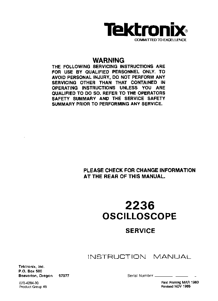 TEKTRONIX 2236 OSCILLOSCOPE 1983 SM service manual (1st page)