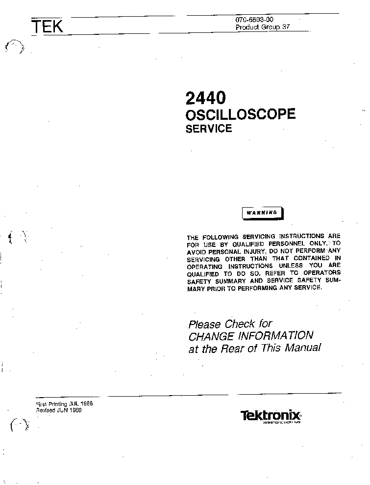 TEKTRONIX 2240 2X2MV,300MHZ DSO 1988 SM service manual (1st page)