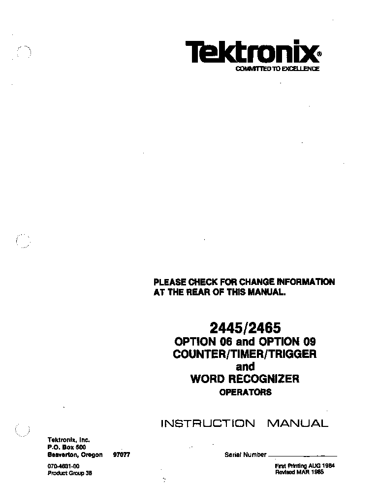 TEKTRONIX 2445-2446-OPTION-06-09 COUNTER-TIMER-TRIGGER AND WORD-RECOGNIZER OPTION 1985 OP SM service manual (1st page)