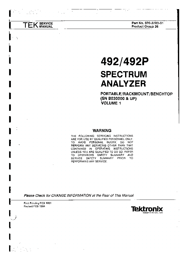 TEKTRONIX 492 492P SPECTRUM ANALYZER COMPLETE SERVICE MANUAL VOL 1 AND 2 service manual (1st page)